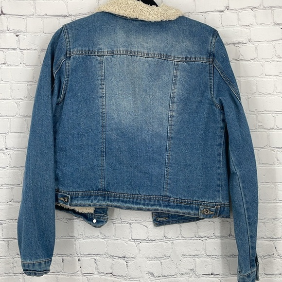 Sherpa Lining Collared Jean Jacket Faux Fur Medium Biker Going Out Party - Picture 5 of 6